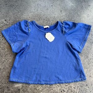Altar'd State Shirt Womens Small Blue Cobalt Ruffle Sleeve Terry Knit Cotton
